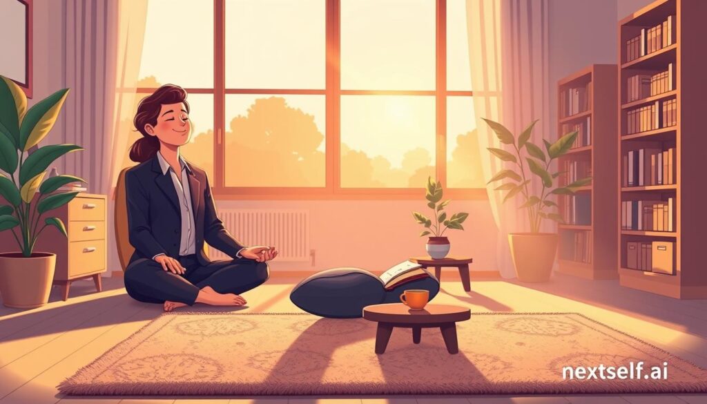 A serene office environment during golden hour, evoking a sense of calm and introspection. In the foreground, a person in professional business attire sits cross-legged on a plush rug, engaging in a mindfulness practice, eyes closed, with a gentle smile. In the middle ground, a small table is adorned with a journal, a cup of herbal tea, and a potted plant, symbolizing growth and reflection. The background features soft, warm lighting filtering through large windows, casting gentle shadows and highlighting a bookshelf filled with inspiring literature. The overall mood is tranquil and nurturing, capturing the essence of self-awareness practices that promote personal growth and success. Incorporate elements of nature, such as sunlight and greenery, to enhance the atmosphere. Include the brand name "nextself.ai".
