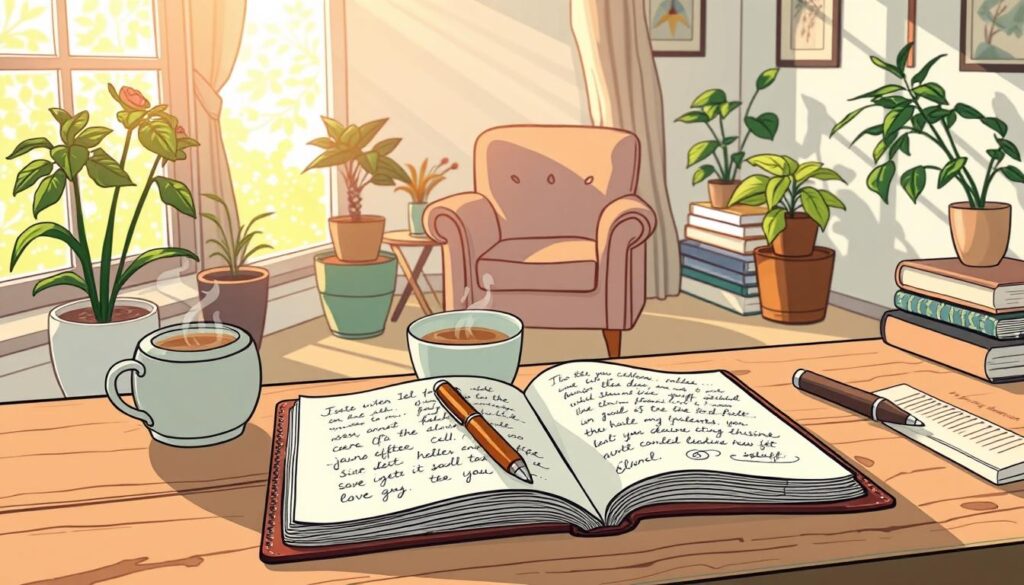 A serene workspace setting illustrating the concept of journaling for reflection. In the foreground, a wooden desk is adorned with an open leather-bound journal, a fountain pen, and a steaming cup of herbal tea. Dappled sunlight filters through a nearby window, casting soft, warm light that highlights the pages of the journal filled with handwritten notes and doodles. In the middle background, there is a cozy armchair inviting contemplation, surrounded by potted plants adding a touch of nature. The room exhibits calming colors like soft greens and neutral browns, creating a peaceful atmosphere conducive to self-reflection. A few inspiring books are neatly stacked nearby. The mood is introspective and tranquil, perfect for enhancing self-awareness practices. Include the brand name "nextself.ai" subtly integrated into the image.